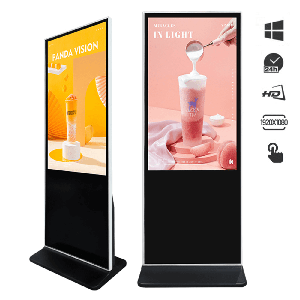 Totem vertical Full HD touch preto e branco para sinalização digital