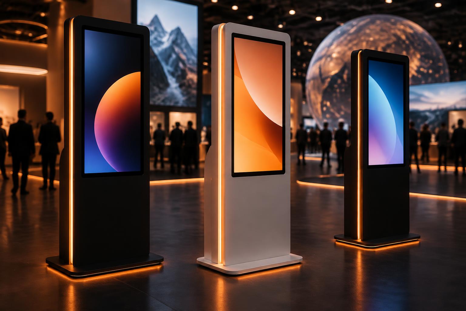 Totens interativos touch alinhados em um evento, disponíveis para locação